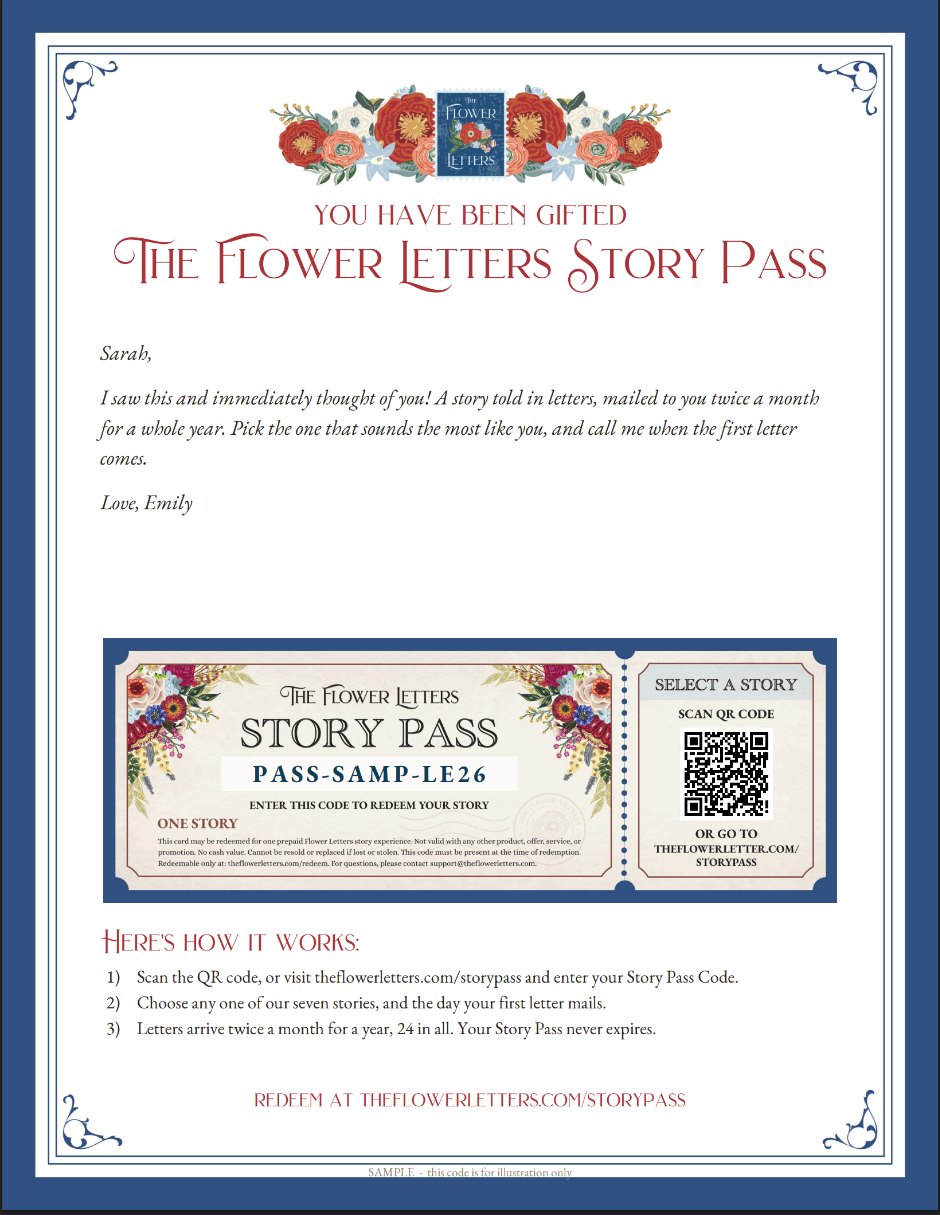 The printable Story Pass: a letter-size page with the gift message, the pass, a QR code and redemption steps