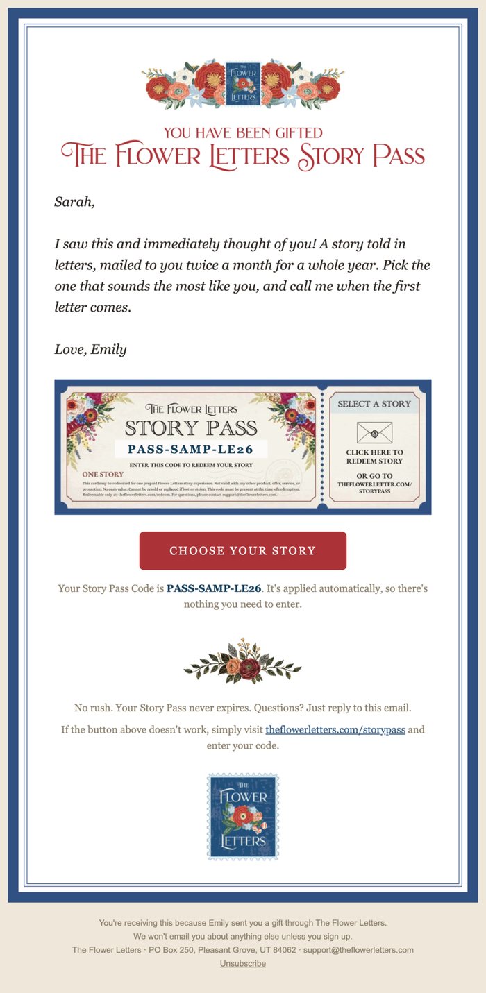 The Story Pass email a recipient receives: the gift message, the pass with its code, and a Choose Your Story button